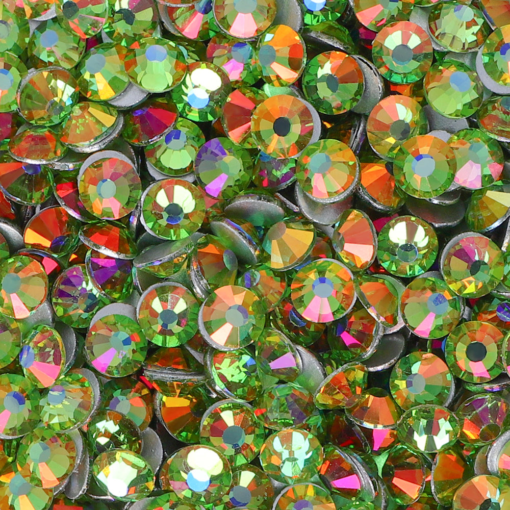 Light Peridot flatback rhinestones size comparison, SS3 to SS60