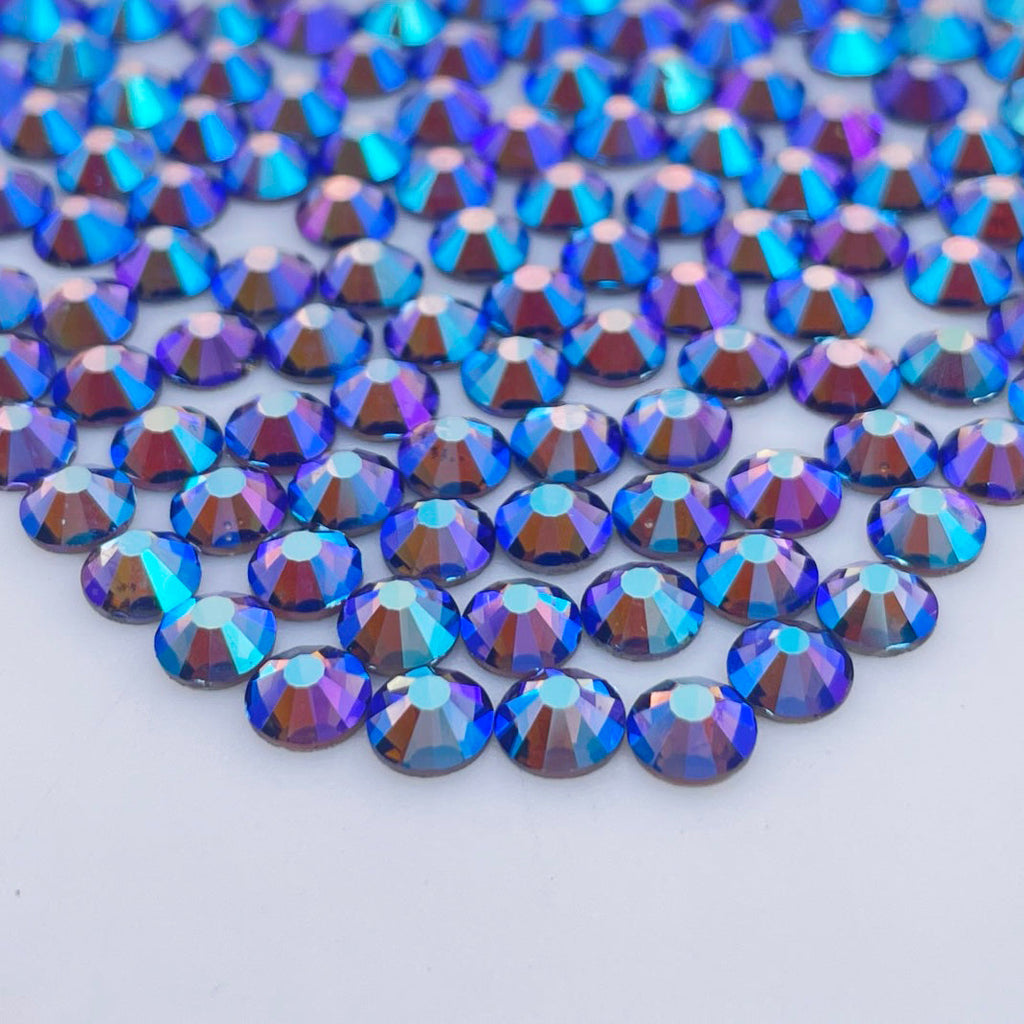Tanzanite AB non-hotfix flatback glass rhinestones — iridescent Aurora Borealis coating
