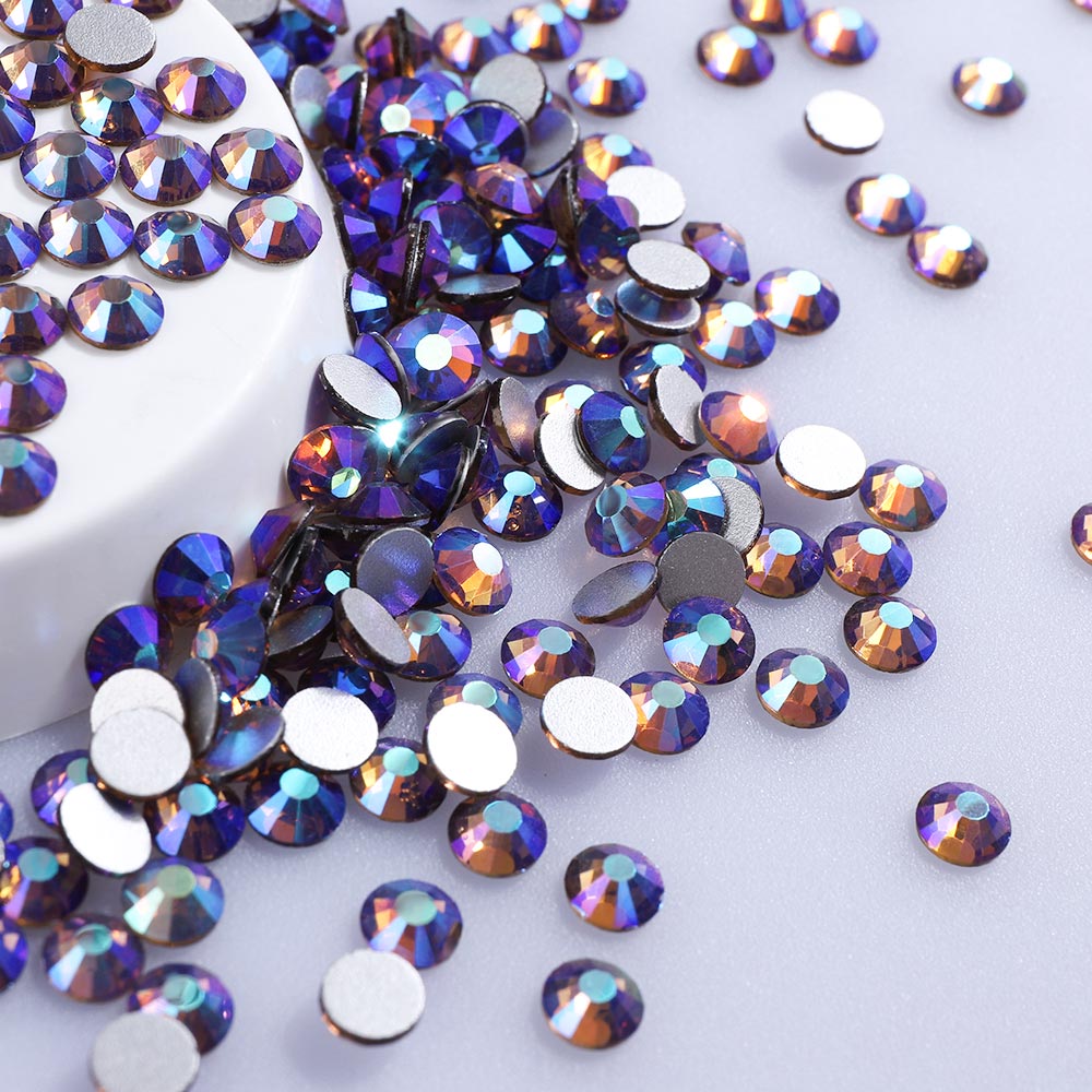 Smoke Topaz AB non-hotfix flatback glass rhinestones — iridescent Aurora Borealis coating