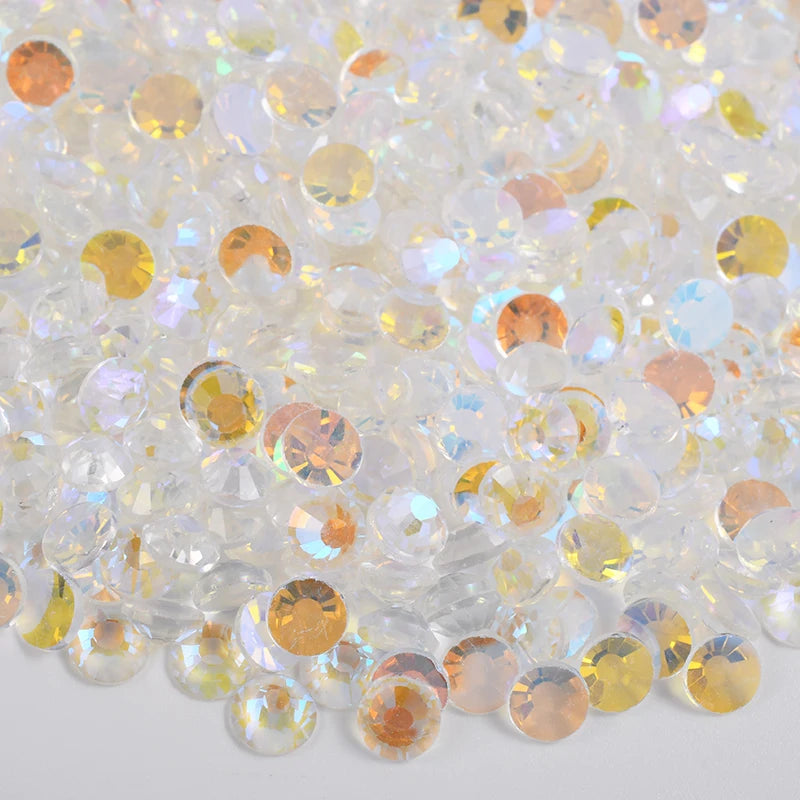 White Aurora non-hotfix flatback glass rhinestones — shimmering aurora coating