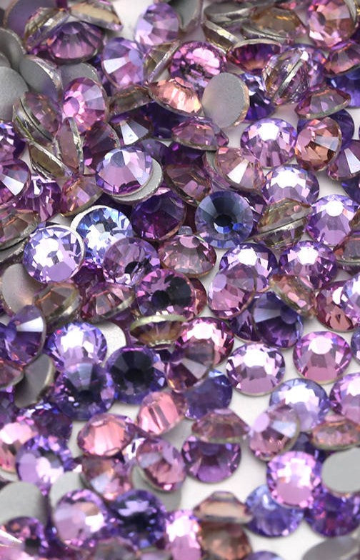 Purple Velvet flatback rhinestones size comparison, SS3 to SS60