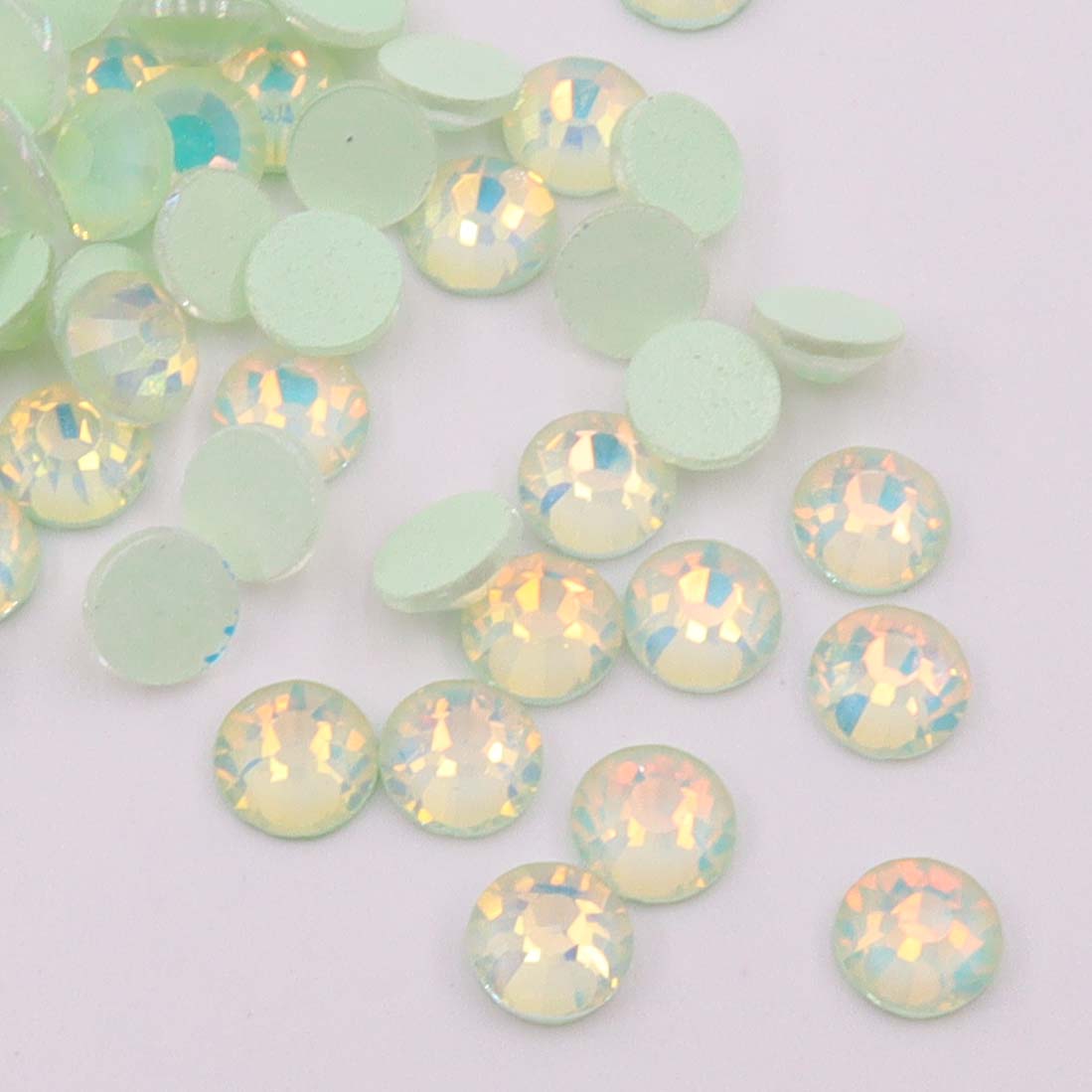 Light Peridot Luminous Opal non-hotfix flatback glass rhinestones — glowing opalescent finish