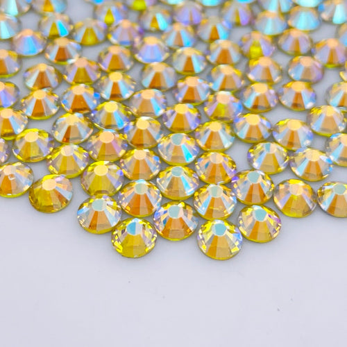 Citrine AB non-hotfix flatback glass rhinestones — iridescent Aurora Borealis coating