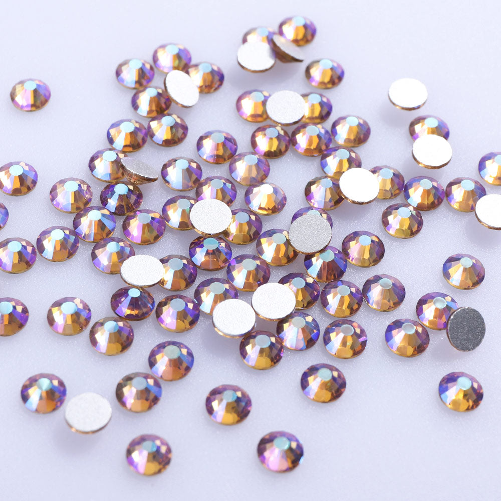 Light Colorado Topaz AB flatback rhinestones size comparison, SS3 to SS60