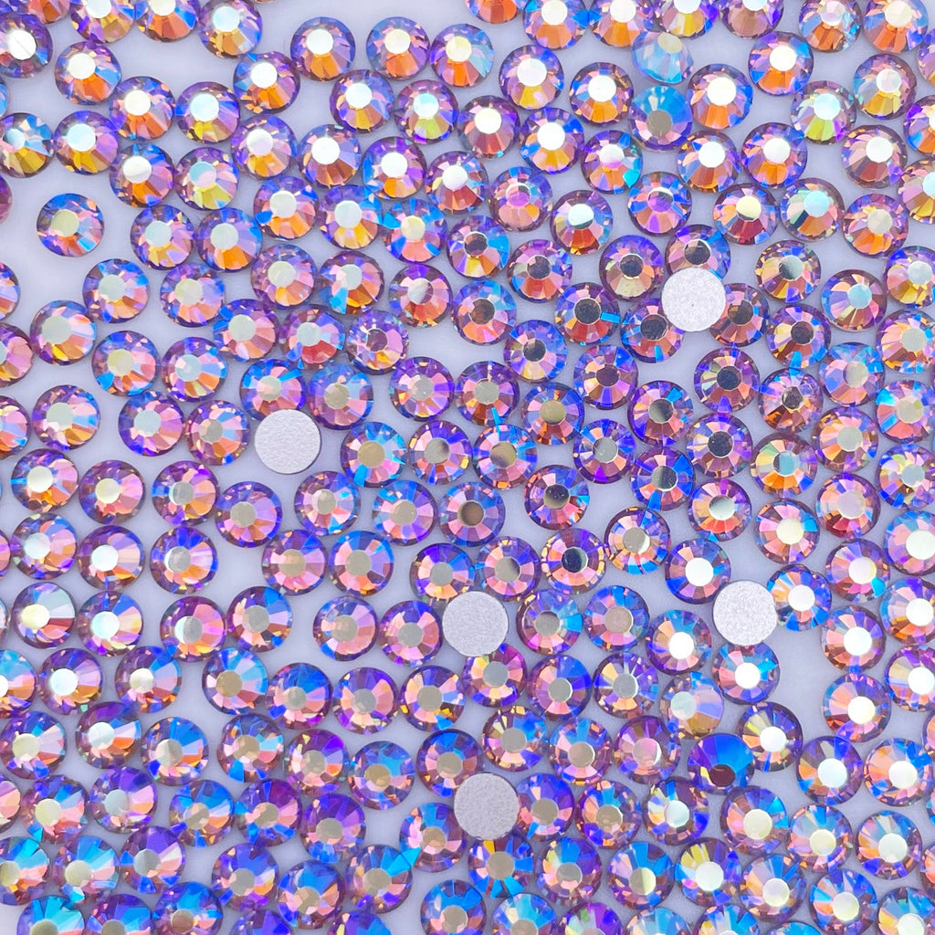 Light Amethyst AB flatback rhinestones size comparison, SS3 to SS60