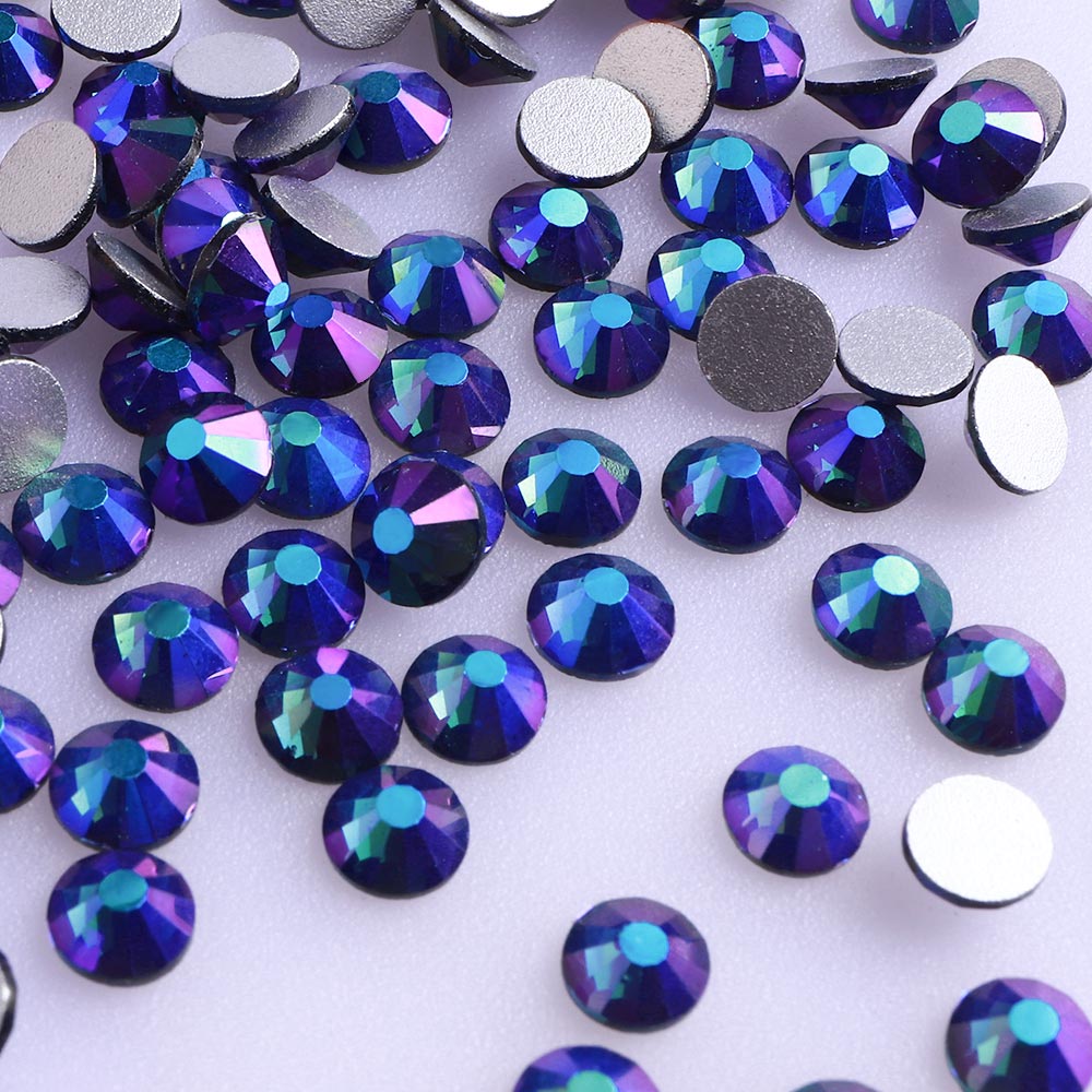 Close-up of Montana AB glass rhinestone facets and flat back