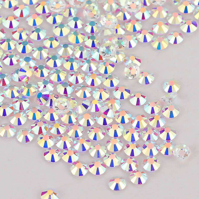 Transparent Crystal AB rhinestones shown loose to show sparkle and cut