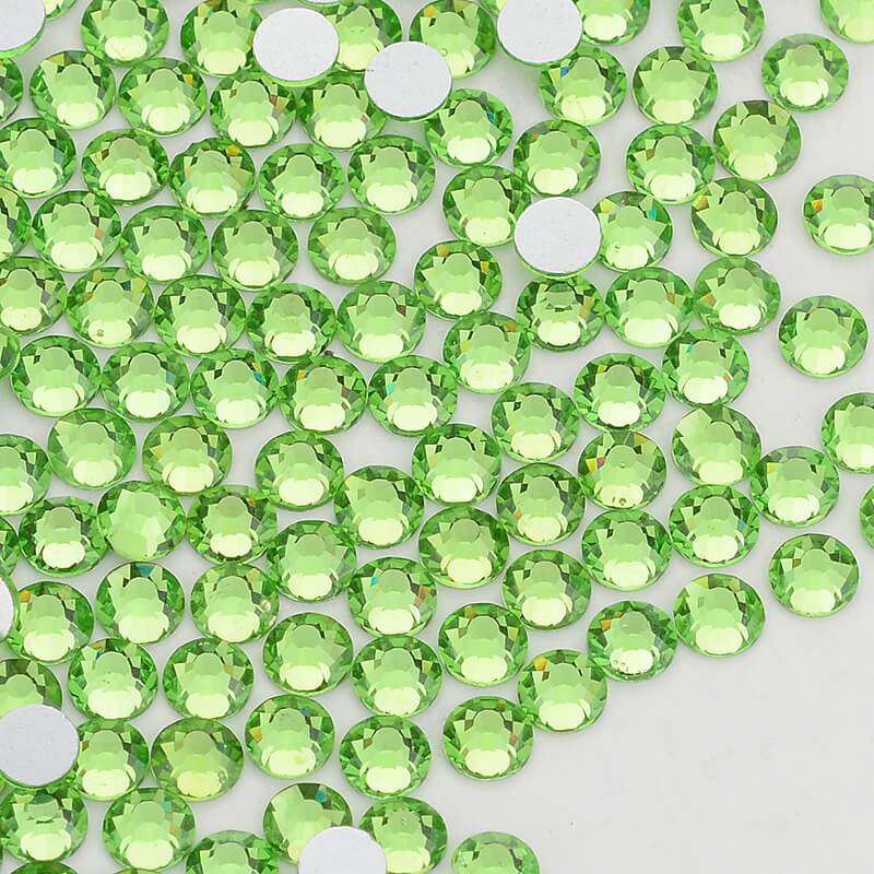 Lt Peridot flatback rhinestones size comparison, SS3 to SS60
