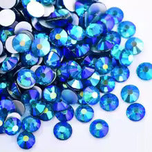 Peacock Blue AB flatback rhinestones size comparison, SS3 to SS60