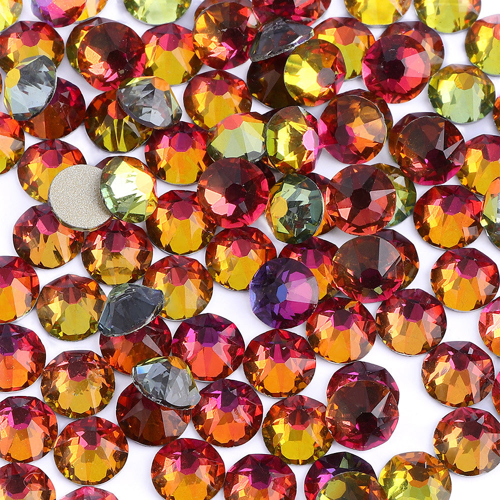 Red Volcanic flatback rhinestones size comparison, SS3 to SS60