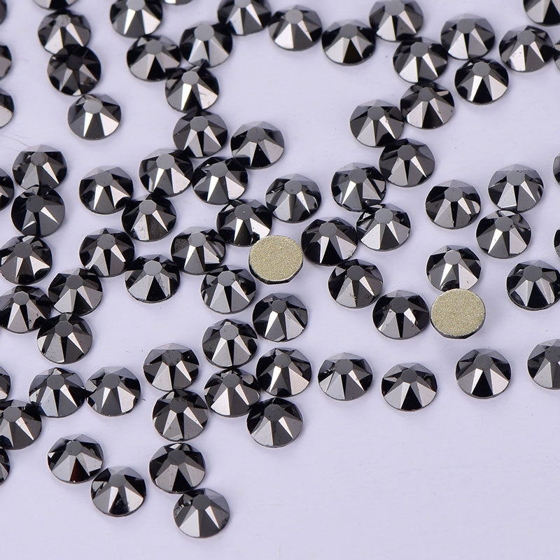 Jet Hematite flatback rhinestones size comparison, SS3 to SS60