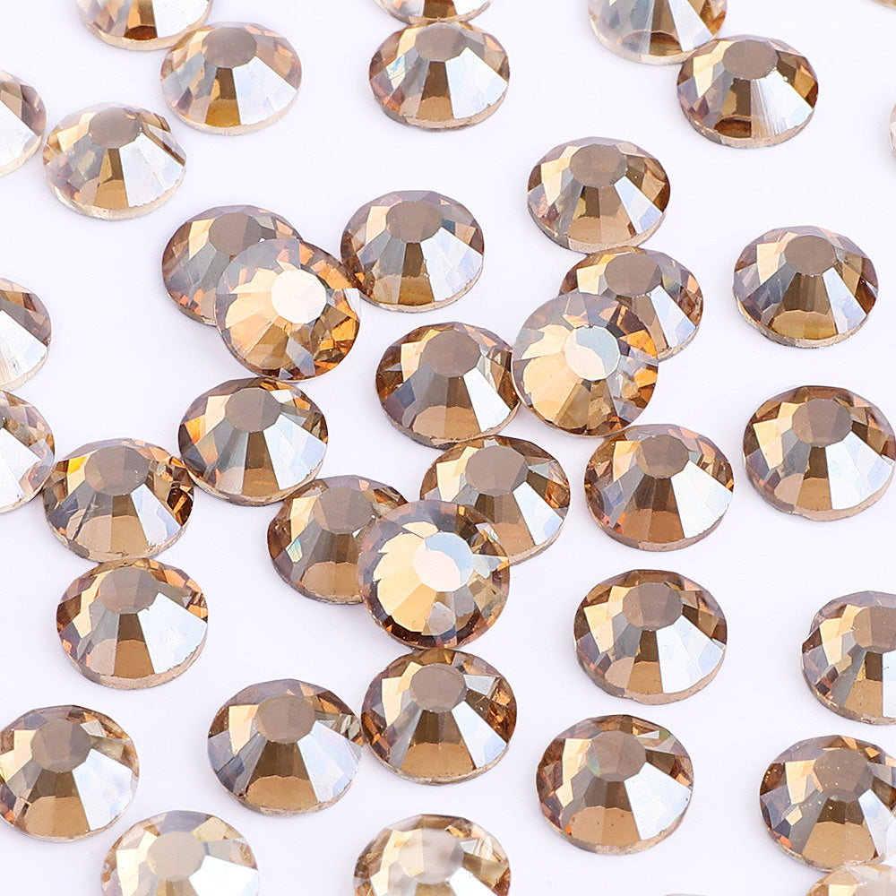 Golden Champagne flatback rhinestones size comparison, SS3 to SS60