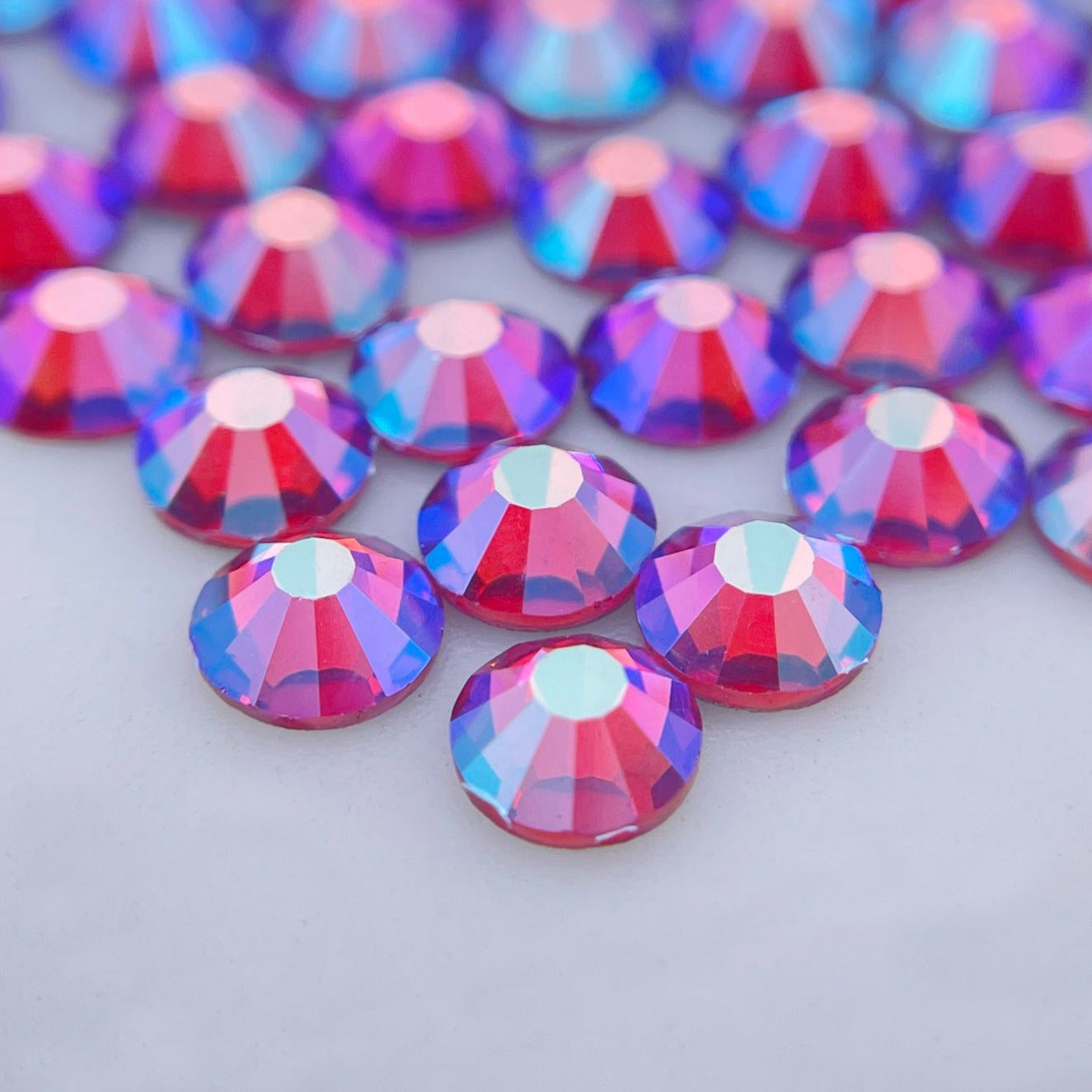 Rose AB flatback rhinestones size comparison, SS3 to SS60