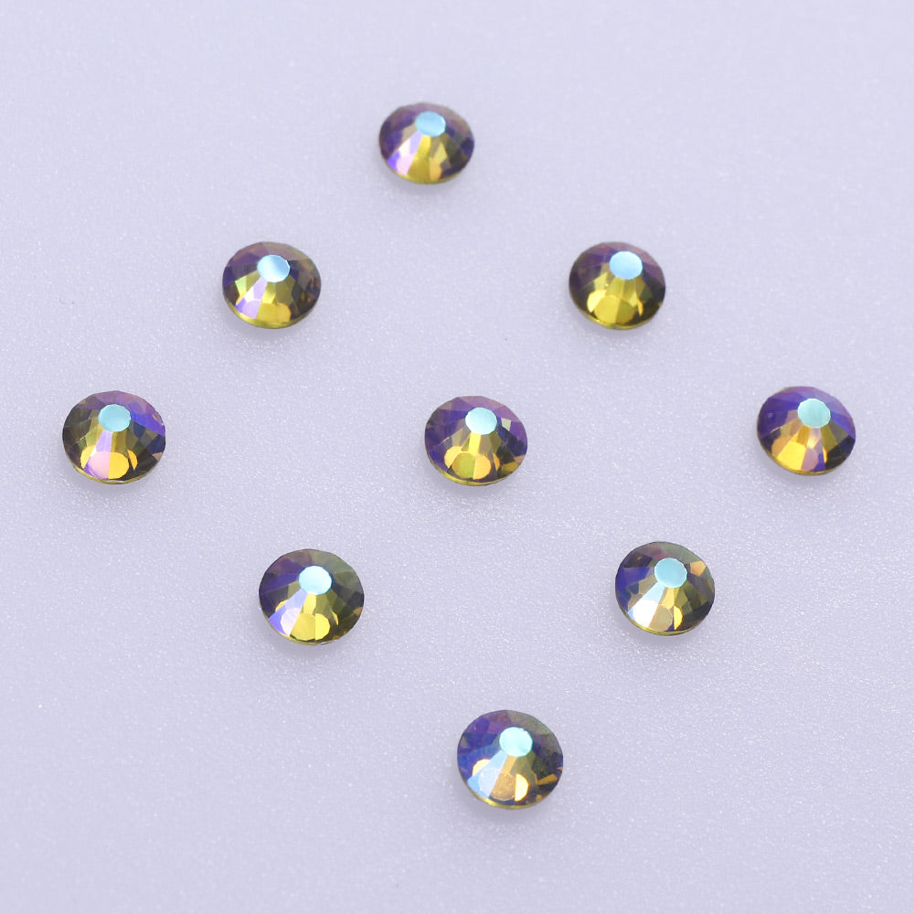 Olive AB flatback rhinestones size comparison, SS3 to SS60