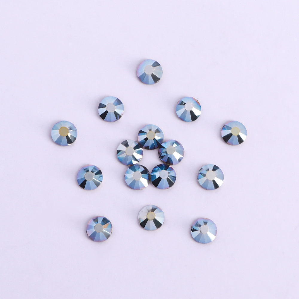 Sky Blue Metal flatback rhinestones size comparison, SS3 to SS60