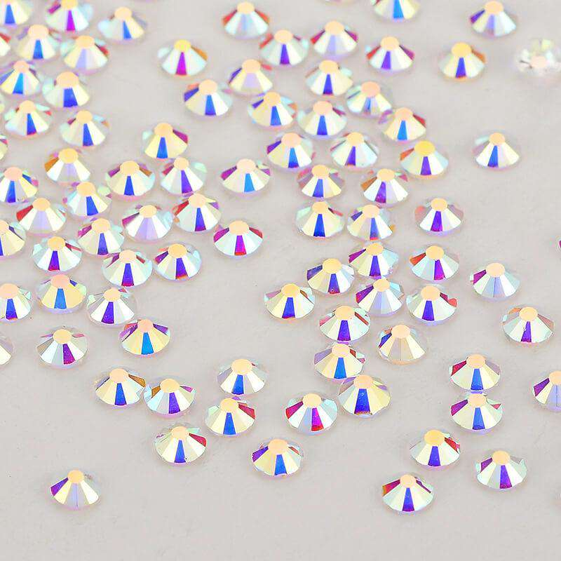Transparent Crystal AB flatback rhinestones size comparison, SS3 to SS60