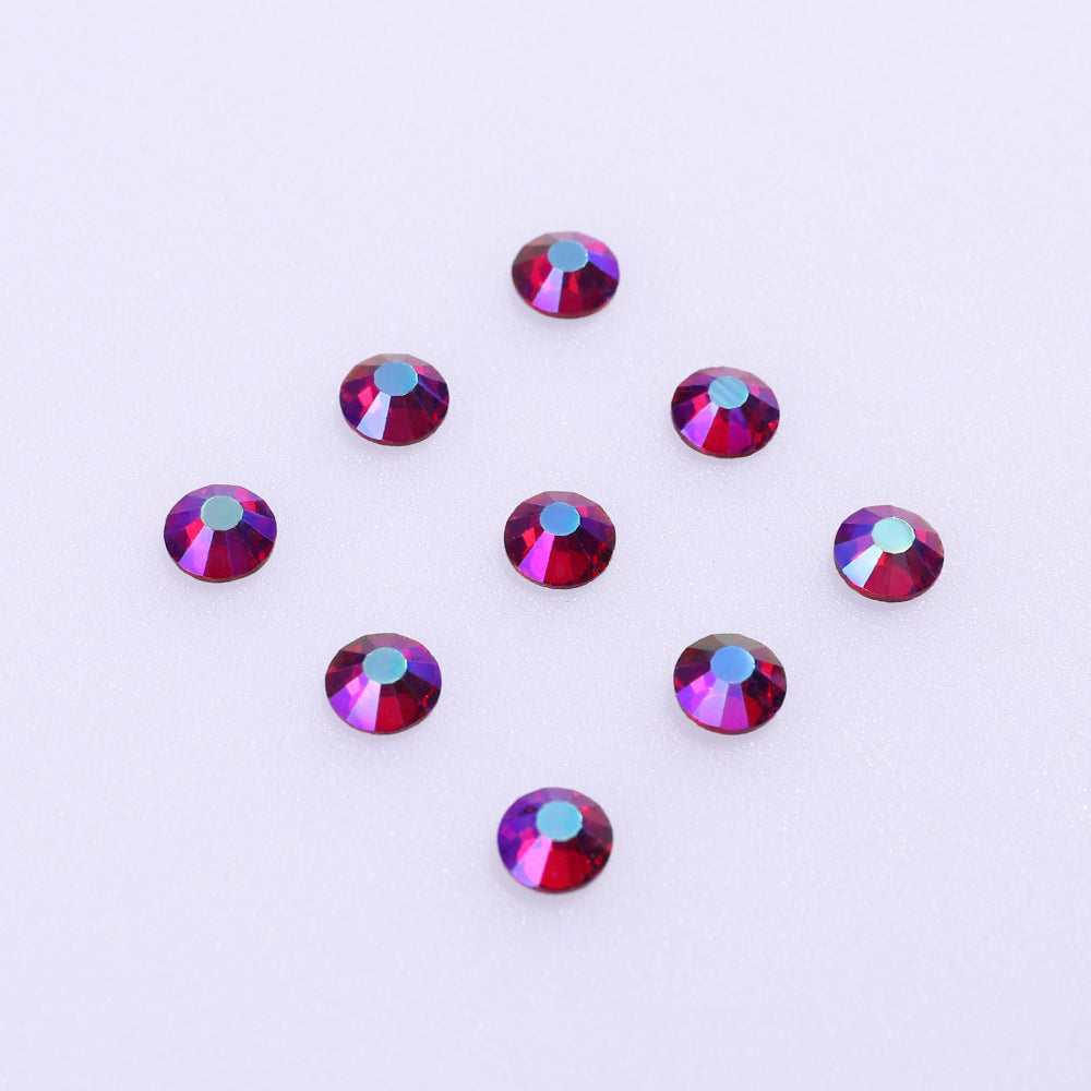 Dark Siam AB flatback rhinestones size comparison, SS3 to SS60