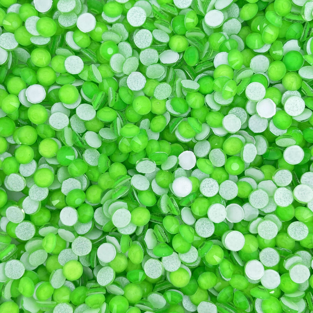 Emerald Neon flatback rhinestones size comparison, SS3 to SS60