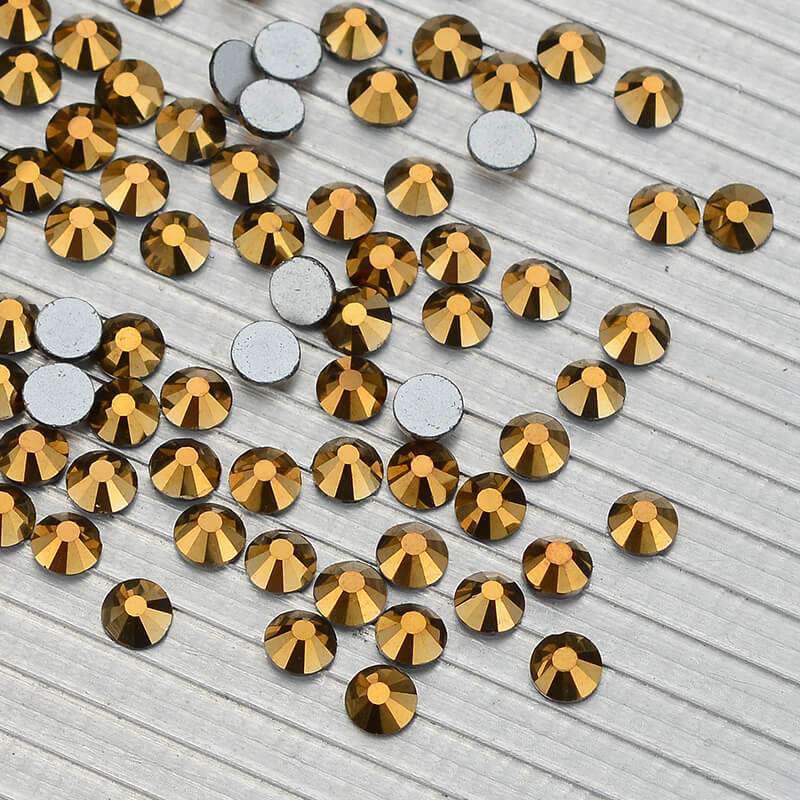 Mine Gold flatback rhinestones size comparison, SS3 to SS60