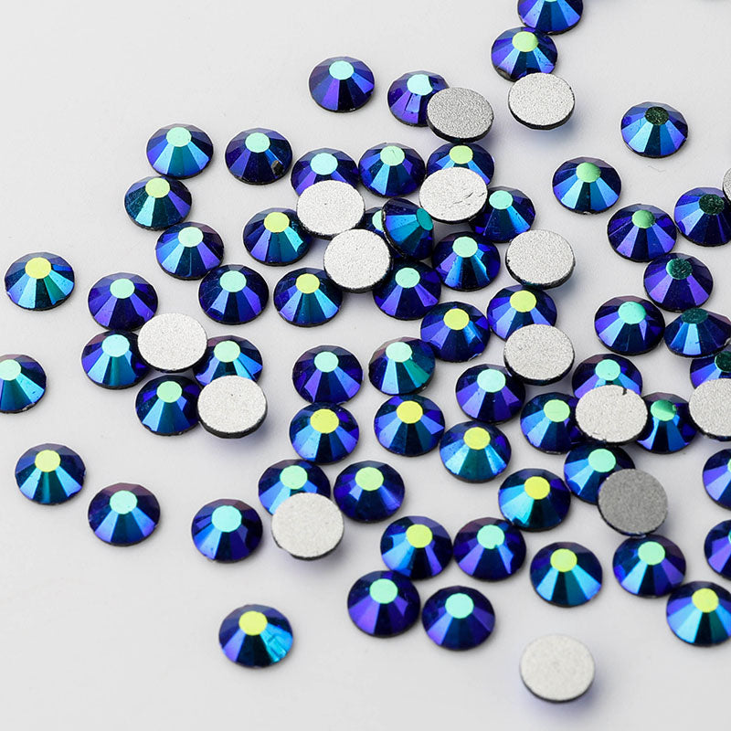 Close-up of Jet AB glass rhinestone facets and flat back