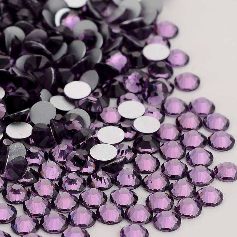 Tanzanite flatback rhinestones size comparison, SS3 to SS60